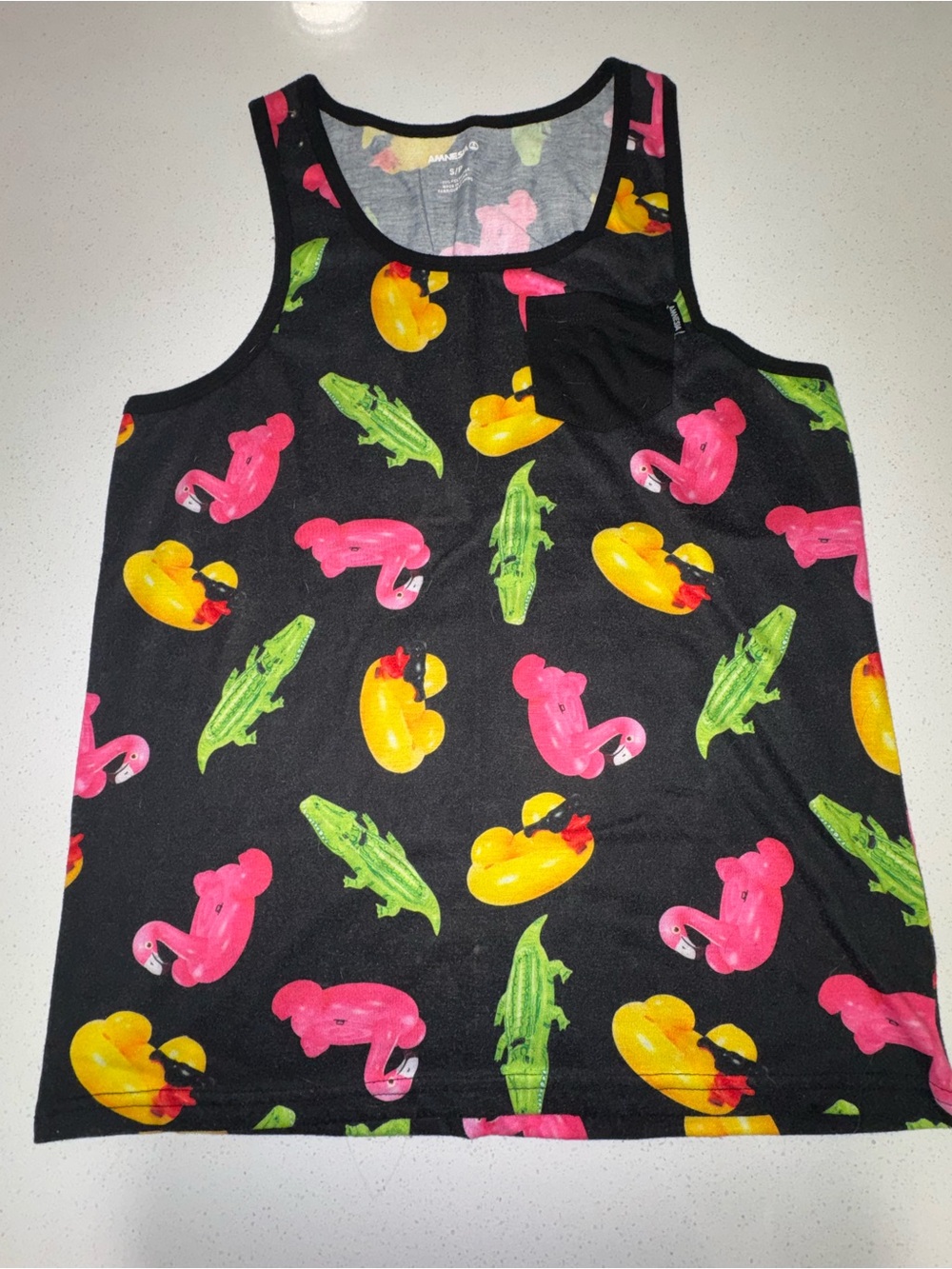 Black Tank Top with flamingo, duck & Crocodile Print -